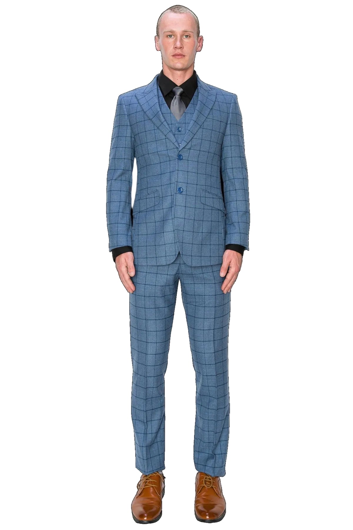 Lt Blue Plaid 3-Piece Slim Fit Suit